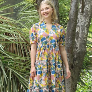 Block Print Cotton Dress, Bohemian Floral Midi, Summer Vacation Dress