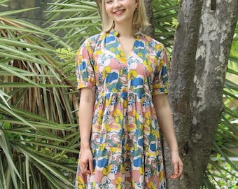 Block Print Cotton Dress, Bohemian Floral Midi, Summer Vacation Dress