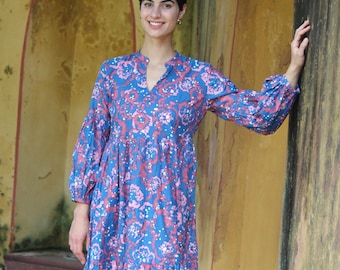 Hand Block Print Cotton Dress, Floral Bohemian Midi Dress