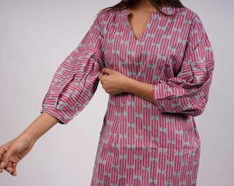 Cotton dress, long sleeve dress, Knee length dress, pink dress ,Handmade dress, Summer dress, Casual dress, Short dress, handmade dress