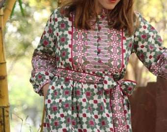Hand Block Print Cotton Midi Dress, Bohemian Floral Gown
