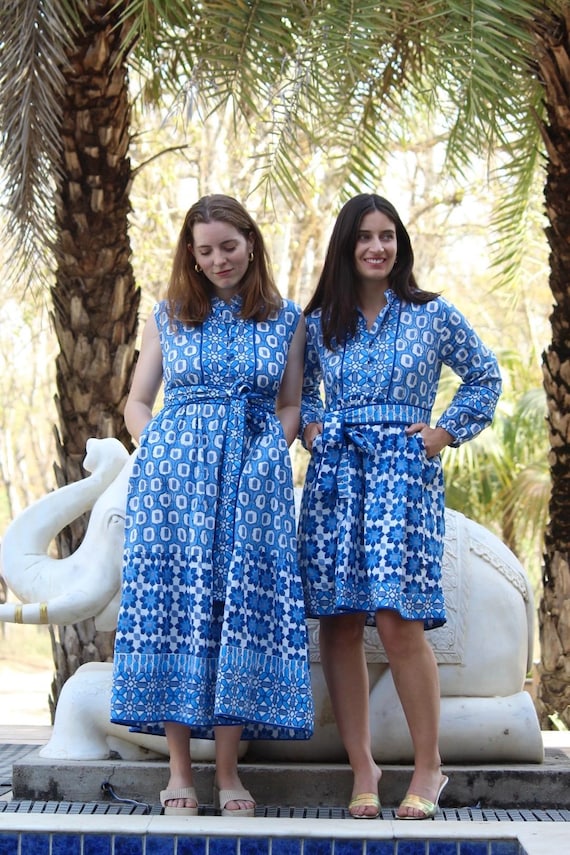 Handblock Print Cotton Shirt Dress, Flounce Midi Dress with Belt Handblock Print Cotton Shirt Dress, Flounce Midi Dress with Belt