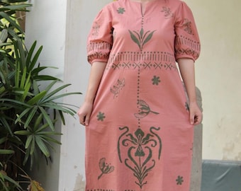 Block Print Cotton Midi Dress, Floral Summer Dress