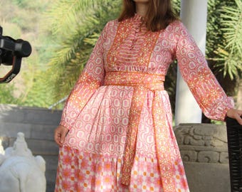 Hand Block Print Cotton Midi Dress, Bohemian Floral Shirt Dress