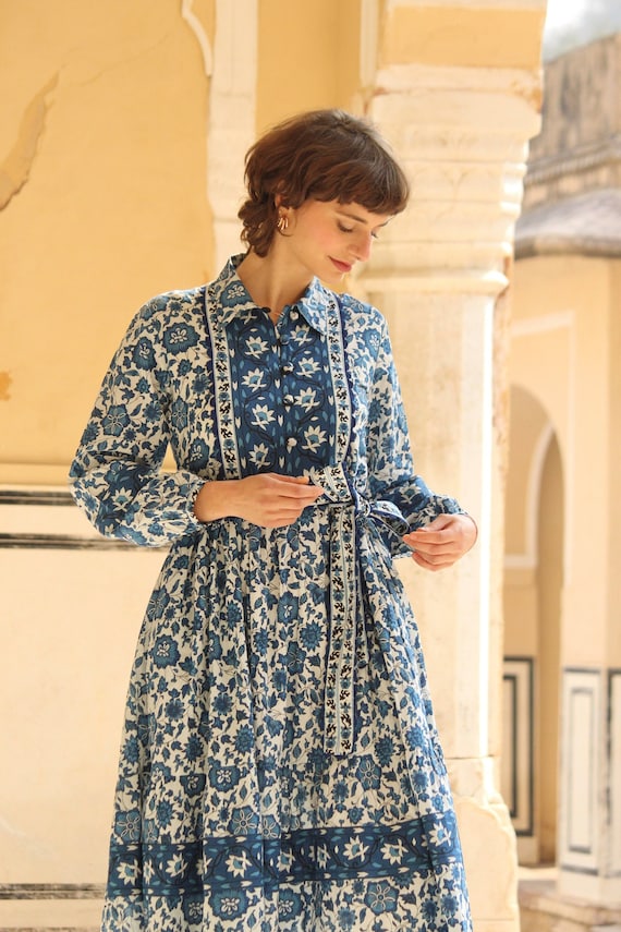 Block print dress, women dress, Cotton dress Summer dress women, floral dress, Shirt dress, Indian dress, Vacation dress, Bohemian Dress