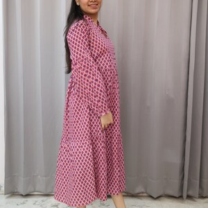 Brown White Floral Block Print Cotton Smocked Dress – Handcrafted Boho Midi Sundress – Free Shipping