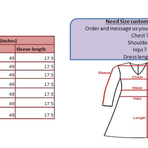 May include: Size chart for a dress with measurements in inches. The chart shows the chest, length, and sleeve length for sizes XXS to XXL. The chart also includes a diagram of a dress with measurements for chest, waist, hips, and length.