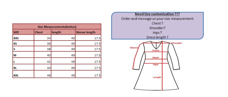 May include: Size chart for a dress with measurements in inches. The chart shows the chest, length, and sleeve length for sizes XXS to XXL. The chart also includes a diagram of a dress with measurements for chest, waist, hips, and length.
