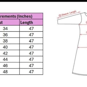 May include: Diagram of a dress with measurement labels and a table showing body measurements in inches. The table lists sizes from XXS to XXXL, with corresponding chest and length measurements.