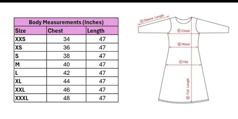 May include: Diagram of a dress with measurement labels and a table showing body measurements in inches. The table lists sizes from XXS to XXXL, with corresponding chest and length measurements.
