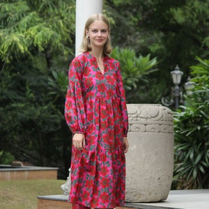 Robe imprimée bloc, robe pour femme, robe en coton, robe d'été pour femme, robe à fleurs pour femme, robe bohème, robe de plage, robe de vacances, robe bohème image 3