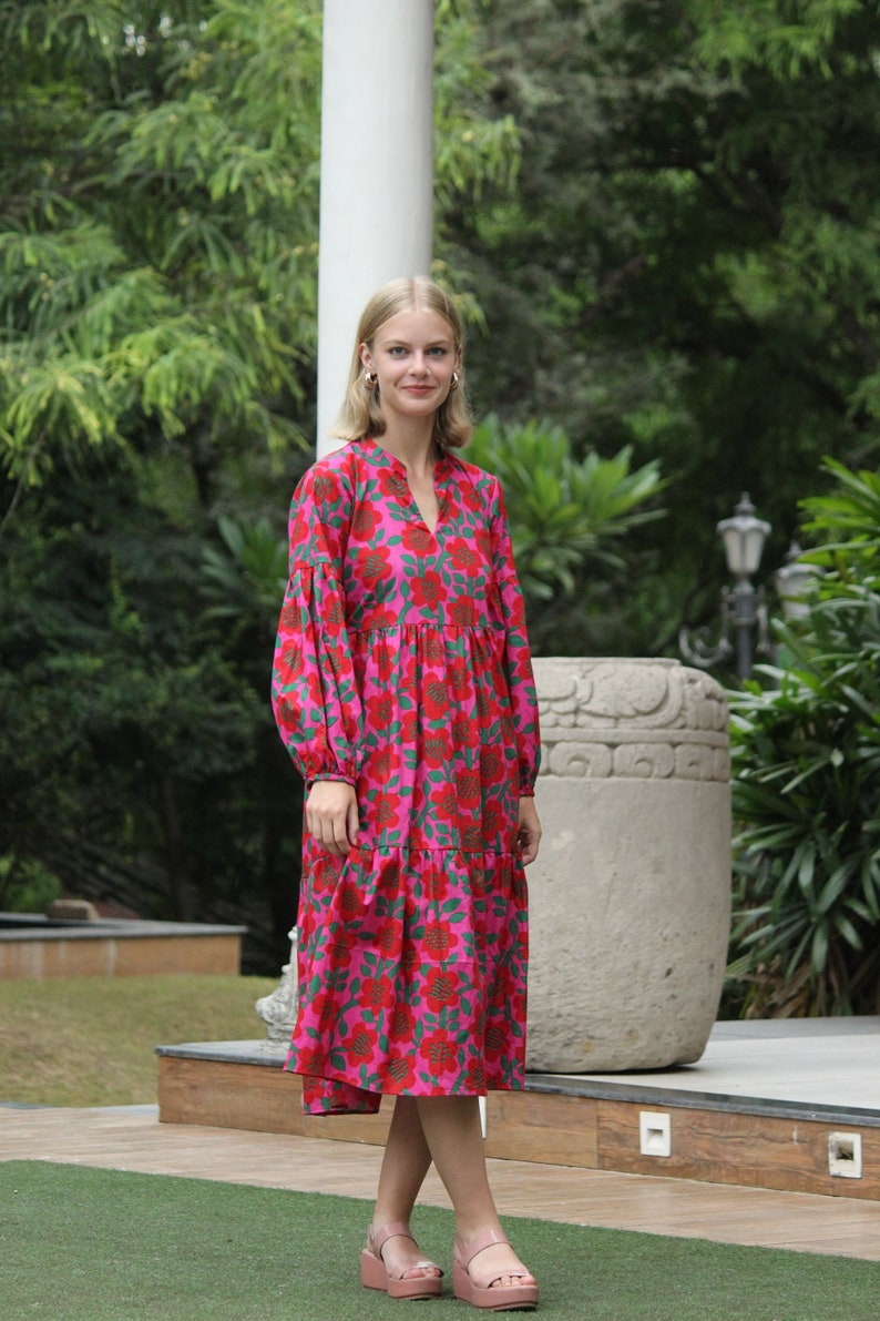 Robe imprimée bloc, robe pour femme, robe en coton, robe d'été pour femme, robe à fleurs pour femme, robe bohème, robe de plage, robe de vacances, robe bohème image 3