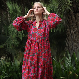 Robe imprimée bloc, robe pour femme, robe en coton, robe d'été pour femme, robe à fleurs pour femme, robe bohème, robe de plage, robe de vacances, robe bohème image 8