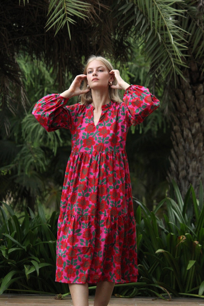 Robe imprimée bloc, robe pour femme, robe en coton, robe d'été pour femme, robe à fleurs pour femme, robe bohème, robe de plage, robe de vacances, robe bohème image 8