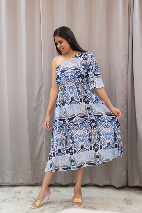 Floral Block Print One-shoulder Gauze Midi Dress - Etsy Floral Block Print One-shoulder Gauze Midi Dress - Etsy
