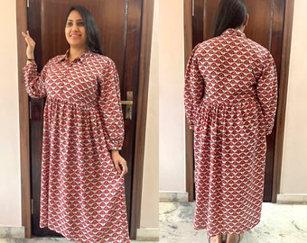 Floral Block Print Cotton Midi Dress, Long Sleeve Boho Dress