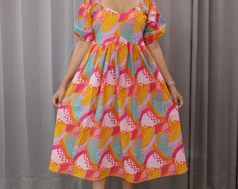 Printed Cotton Midi Dress, Bohemian Summer Dress, Adjustable Belt