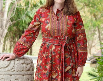 Hand Block Print Cotton Midi Dress, Floral Bohemian Shirt Dress