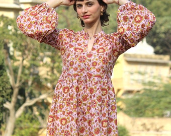 Hand Block Print Cotton Midi Dress, Puffy Sleeves
