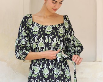 Hand Block Print Cotton Midi Dress, Bohemian Floral Shirt Dress