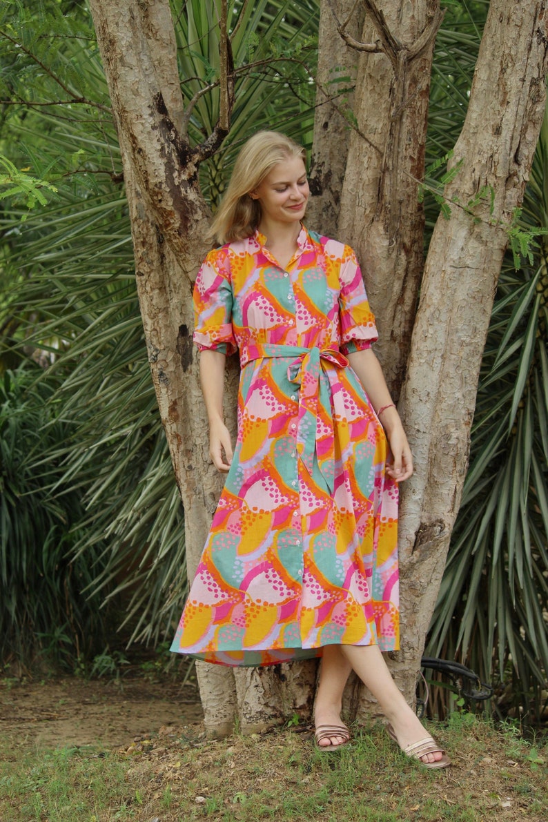 Peach Floral Hand Block Print Cotton Midi Dress – Boho Tiered Summer Dress
