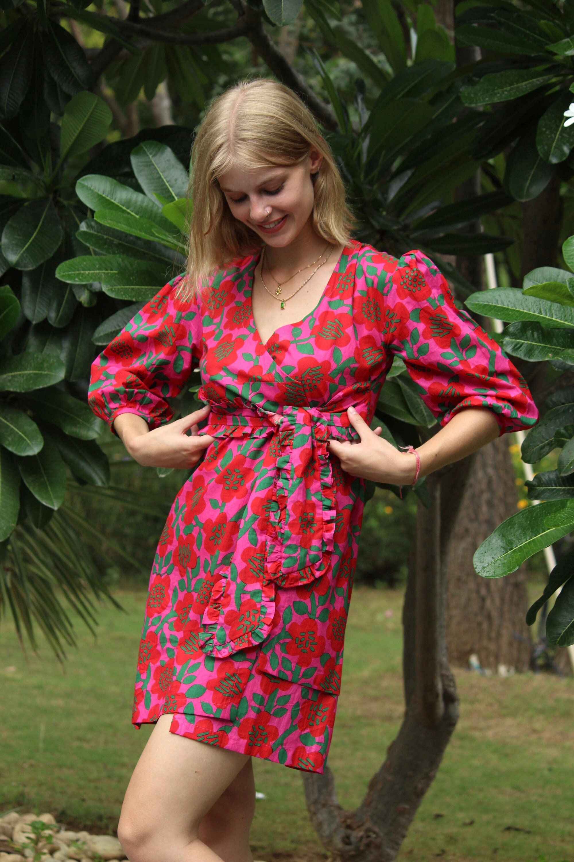 green and red floral dress Women Red & Green Floral Printed Crepe A-Line Midi Dress main image 1