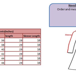 Op de afbeelding: Maattabel voor een jurk met maten in inches. De tabel toont de maat, borst, lengte en mouwlengte. De tabel bevat ook een diagram van een jurk met maten voor borst, schouder, taille, heupen en lengte.