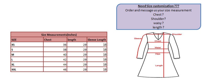 Op de afbeelding: Maattabel voor een jurk met maten in inches. De tabel toont de maat, borst, lengte en mouwlengte. De tabel bevat ook een diagram van een jurk met maten voor borst, schouder, taille, heupen en lengte.
