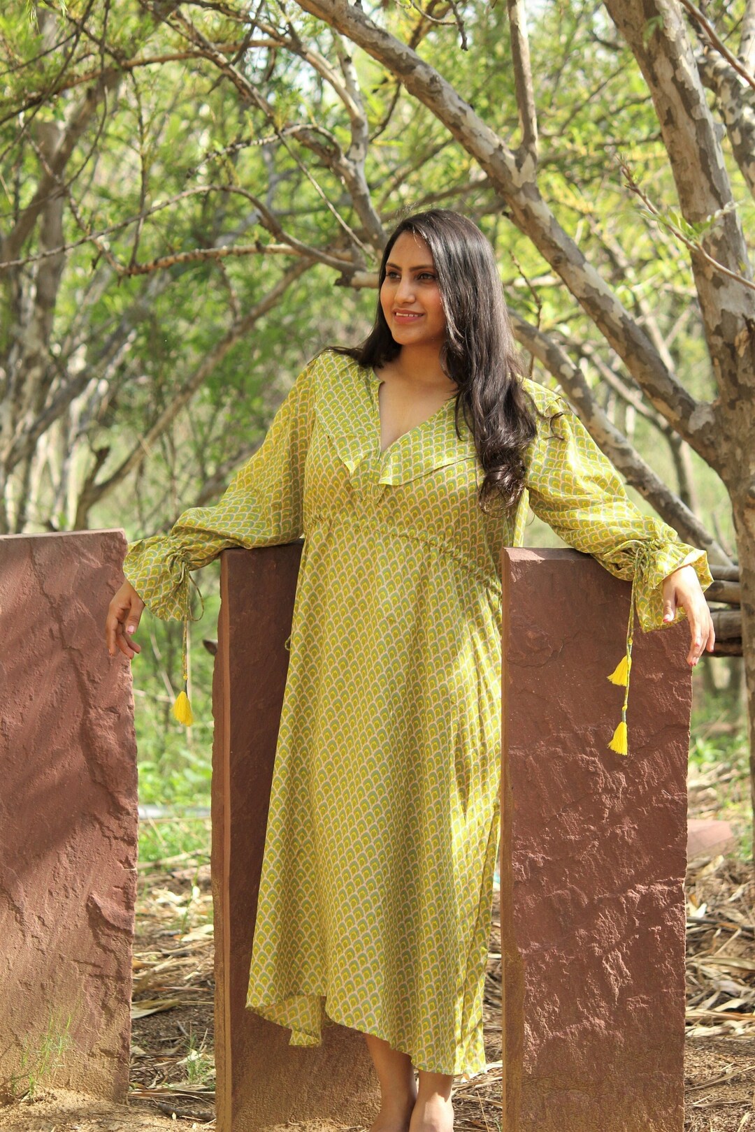 indian green yellow booty pattern block printed women's maxi dress