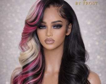 Peluca personalizada de cabello humano – Rosa rubio con reflejos negros, frontal de encaje HD