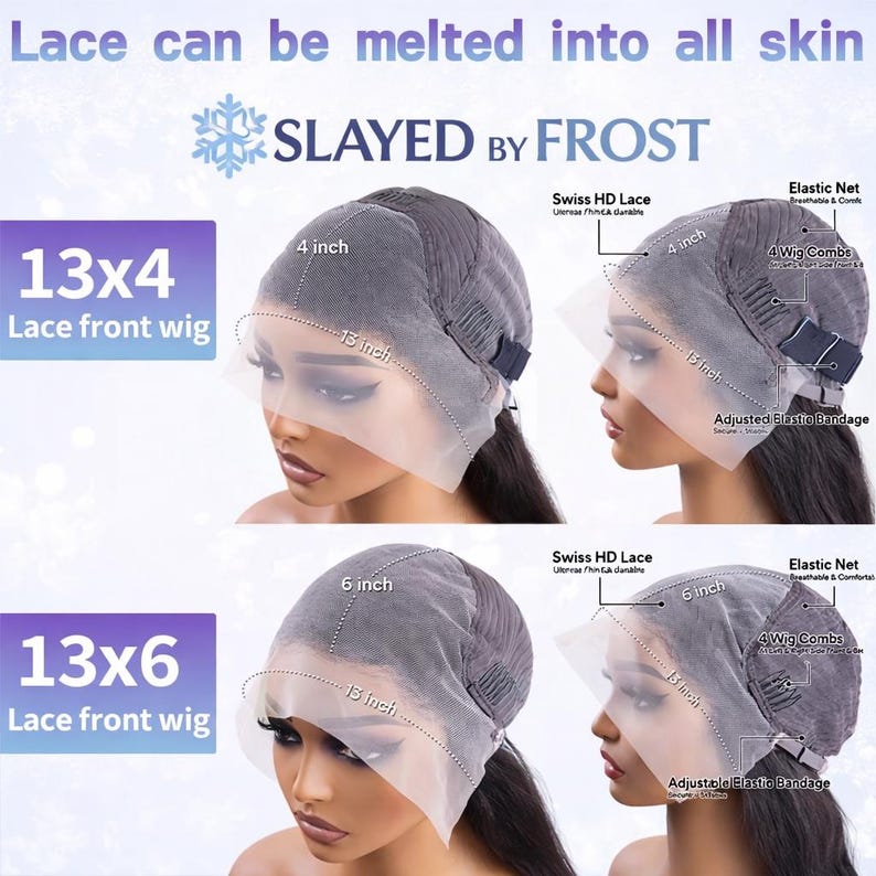 Puede incluir: Imagen de dos pelucas frontales de encaje, etiquetadas 13x4 y 13x6, con medidas en pulgadas. Las pelucas cuentan con encaje Swiss HD y redes el&aacute;sticas. El texto en la imagen dice "Lace can be melted into all skin" y "SLAYED BY FROST."