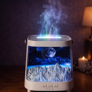Peut inclure: Un diffuseur Aurora Glow blanc avec une scène de ciel nocturne à l'intérieur. Le diffuseur présente un design de chaîne de montagnes, de lune et d'étoiles. Le haut émet de la vapeur colorée. Le texte "Aurora Glow Diffuser" est en haut.