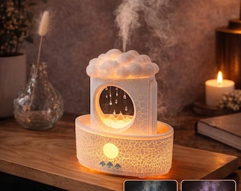 Humidificador con forma de nube de lluvia / Difusor de goteo de agua con efecto crepitante blanco, luz nocturna acogedora
