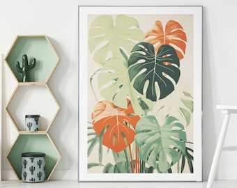 Stampa artistica da parete Boho Monstera - Download digitale - Toni tenui organici Boho Beige Verde Arancione
