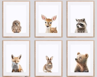 Nursery Woodland Animals Color, Set of 6, Woodland Nursery Decor,Nursery wall art, Cute Animals for Kids Room and Nursery,Neutral,Minimal