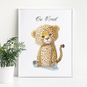 Nursery Safari Animals, Nursery Baby Cheetah, Be Kind, Cute Stuffy Animal Watercolor with Inspirational Quote, Nursery Decor, Cheetah Print