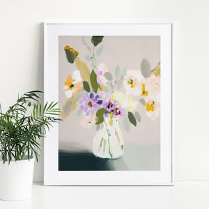 Modern Minimalist Abstract Floral Art, Flowers Still Life, Neutral Wall Art, Beige, Green, White, Purple flowers, painting, Digital Print