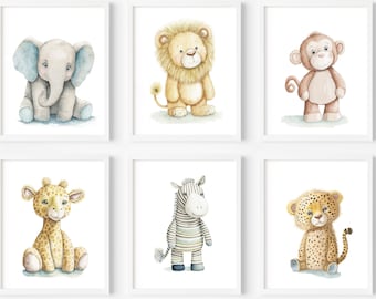 Vivero Safari Animales Color, Conjunto de 6 animales del zoológico, Safari africano, Linda acuarela de animales rellenos para la habitación de los niños y la decoración de la pared de la guardería