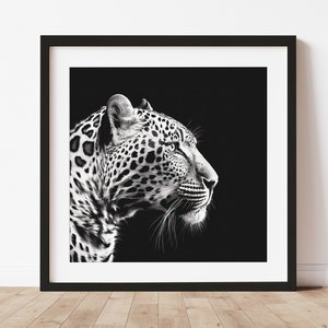 Leopardo de perfil, Retrato de animal, Impresión en blanco y negro, Arte animal imprimible, Minimalista, Póster de animales modernos contemporáneos, Descargar