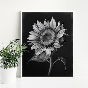 Sonnenblumen Wandkunst, Kohle Skizze, druckbare Wandkunst, minimalistische zeitgenössische moderne Natur Poster, Sofortiger Download