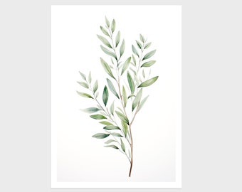 Olive Branch Tree Painting - Minimalist, Simple Botanical Boho Green Beige Watercolor