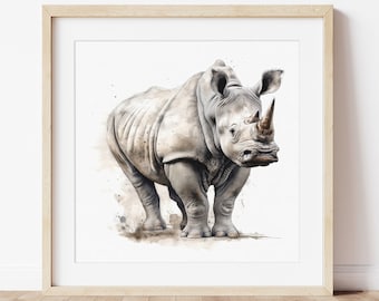 Rhino Wall Art Print, Ink and Watercolor, Printable Wall Art, Minimalist Contemporary Modern Animal Poster, Instant Download