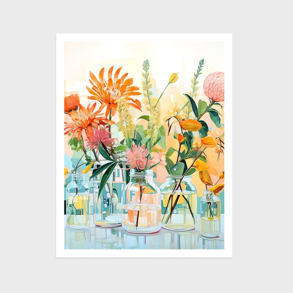 Flowers in Jars- Orange and Pink Flowers - Contemporary Still Life Print Colorful Flowers with Sage tones Ver2