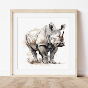 Rhino Wall Art Print, Ink and Watercolor, Printable Wall Art, Minimalist Contemporary Modern Animal Poster, Instant Download
