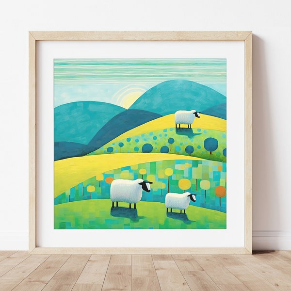 Moutons sur la colline, bébés moutons, agneaux, petit troupeau, bébés moutons | Art de la chambre des enfants | Peinture Moutons | Téléchargement numérique