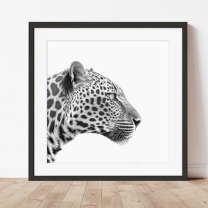 Leopard im Profil, Tierportrait, Schwarzweiß Druck, druckbare Tierkunst, Minimalistisch, Zeitgenössisches Modernes Tierposter, Download