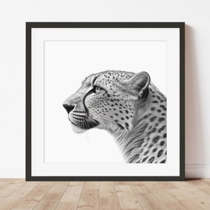 Cheetah in Profile, Animal Portrait, Black and White print, Printable Animal art, Minimalist, Contemporary Modern Animal Poster, Download