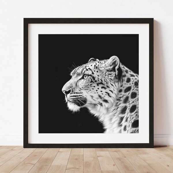 Snow Leopard in Profile, Animal Portrait, Black and White print, Printable Animal art, Minimalist, Contemporary Modern Animal Print Download