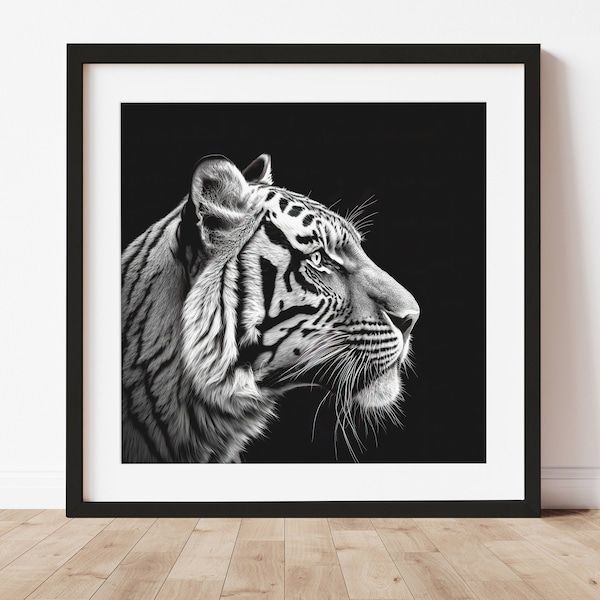 Profil Portrait Tigre, Portrait animal, Impression noir et blanc, Pépinière Tigre Art animalier, Minimaliste, Affiche moderne contemporaine,Photo de tigre