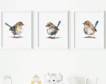 Lindo bebé pájaro vivero arte, conjunto de 3, pájaros de acuarela - vivero decoración baño arte de la pared, pintura de acuarela, lindo beige y azul